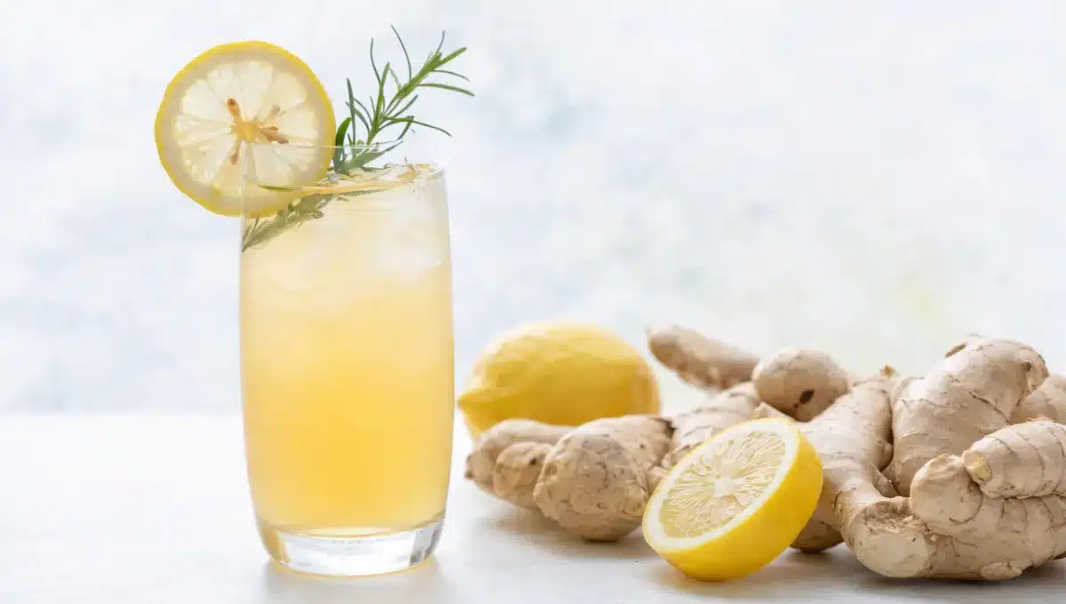 Sucos de frutas para aumentar a imunidade, com frutas cítricas naturais e gengibre.