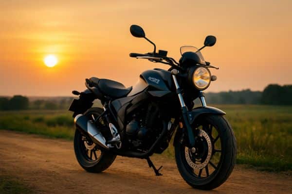 Imagem de moto estacionada ao pôr do sol ilustrando liberdade e proteção garantida com seguro ideal para moto