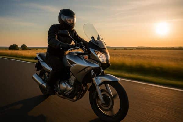 Seguro ideal para sua moto. Motociclista pilotando moto em estrada aberta ao entardecer, transmitindo liberdade, confiança e proteção do seguro 