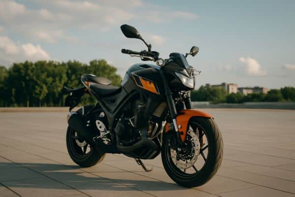 Seguro de moto com moto azul celeste e listra laranja estacionada em estrada ensolarada