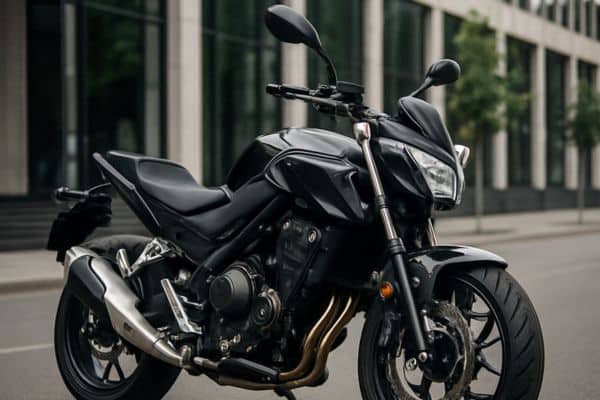 Moto preta estacionada em frente a prédios residenciais, representando fatores urbanos que influenciam o valor do seguro