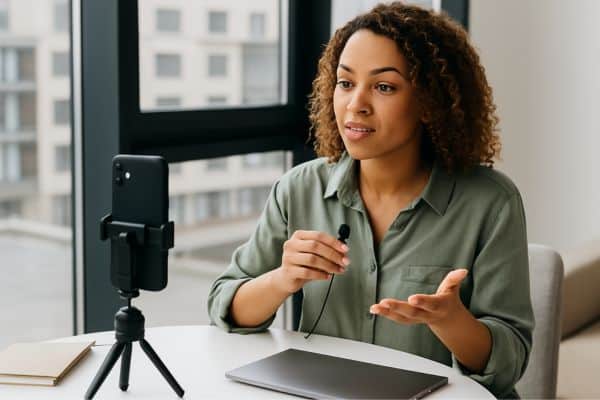 Uma joven mulher segurando um microfone de lapela em frente a um celular, o qual está fixado num tripé e a sua frente um notebook fechado sobre uma mesa
