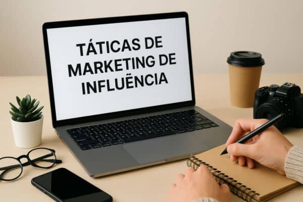 Um notebook em cima da mesa e nele esta escrito Táticas de Marketing de Influência na sua frente aparece as mãos de uma pessoa escrevendo com uma caneta em um caderno