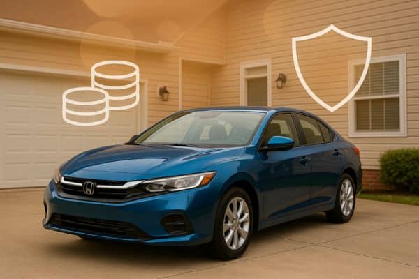 Reduzir o custo do seguro de carro.Carro moderno azul estacionado em frente a uma casa, simbolizando economia e proteção no seguro de carro.