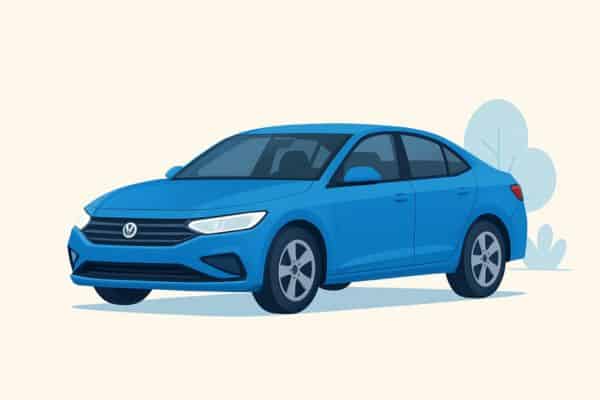 Reduzir o custo do seguro de carro.Ilustração digital de um carro sedã azul moderno sobre fundo claro, com estilo limpo e minimalista.