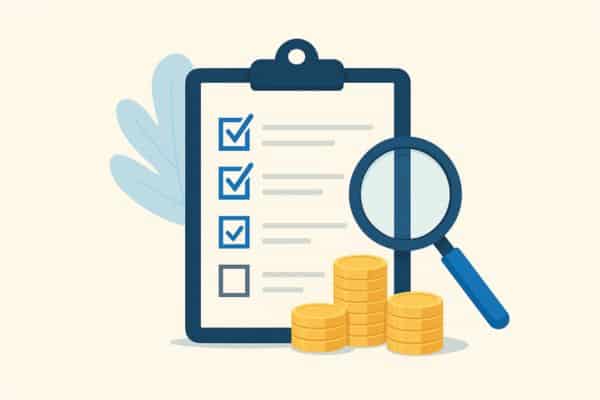 Reeuzir o custo de seguro de carro.Ilustração de checklist com lupa e moedas douradas sobre fundo claro, representando análise e economia.