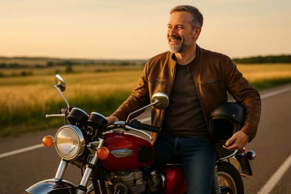 Seguro de motos relíquias em 2025 com proprietário aproveitando sua moto clássica com segurança
