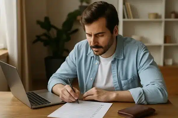 Franquia do Seguro de CarroHomem jovem analisando checklist pessoal em casa, refletindo sobre decisões financeiras relacionadas ao seguro do carro.