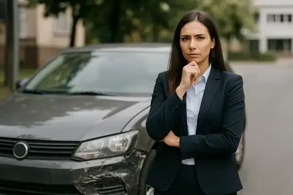 Franquia-do-seguro-de-carro Mulher analisando situação de carro danificado após sinistro.