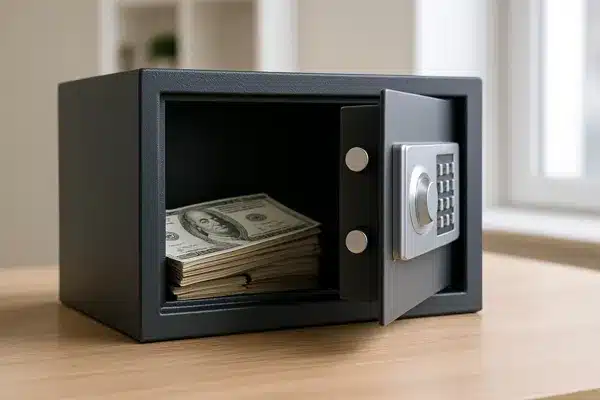 seguro-de-vida-resgatavelCofre moderno aberto com maços de dinheiro empilhados sobre uma mesa