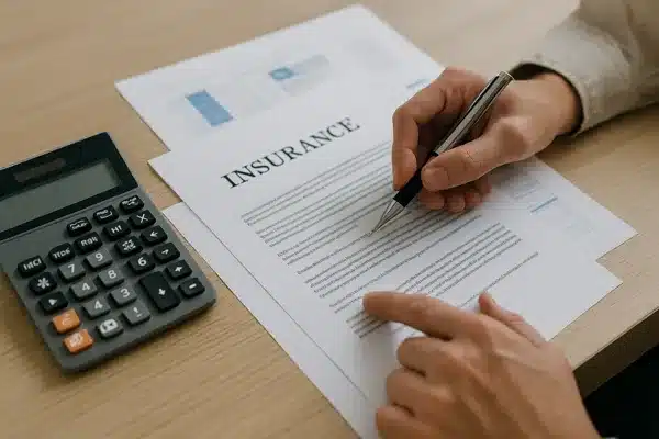 seguro-de-vida-resgatavelPessoa analisando documentos de seguro com calculadora em uma mesa de escritório