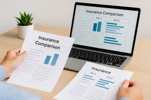 seguro-de-vida-resgatavelPessoa analisando tabela comparativa de seguros em um notebook ou documentos impressos