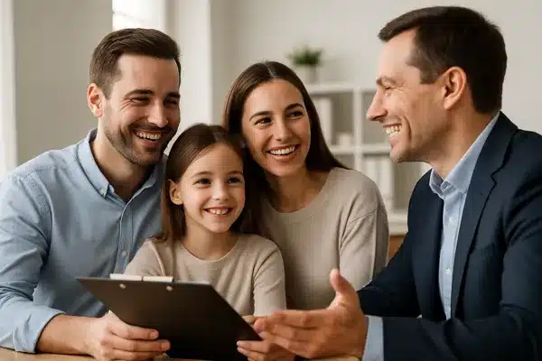 seguro-de-vida-resgatavel Família sorrindo enquanto conversa com um consultor em um escritório iluminado