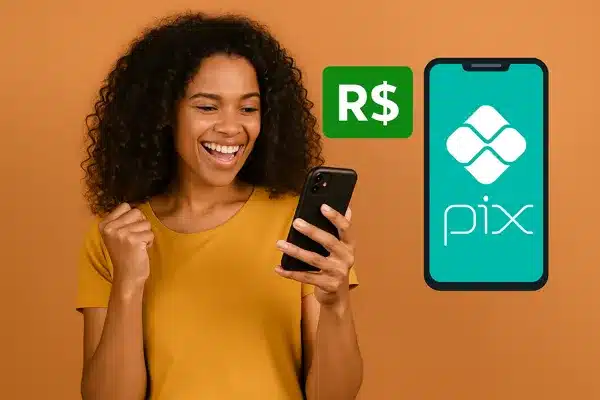 Ganhar dinheiro no Pix em 2025 Mulher sorrindo enquanto usa o celular para ganhar dinheiro no Pix em 2025.