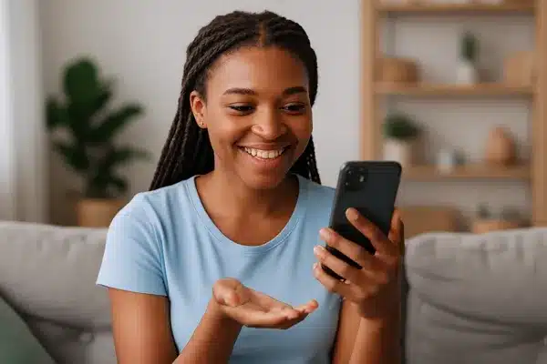 Micro-Tarefas-que-Pagem-no-Pix-em-2025Pessoa feliz usando o celular para receber dinheiro via Pix em casa