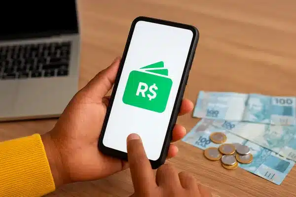 Ganhar dinheiro no Pix em 2025Pessoa usando o celular para transferências via Pix, com dinheiro em notas e moedas ao fundo.