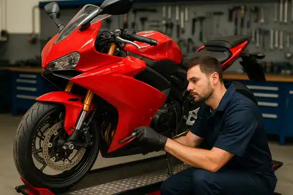 Melhor seguro para motosMecânico revisando moto esportiva, seguro com assistência