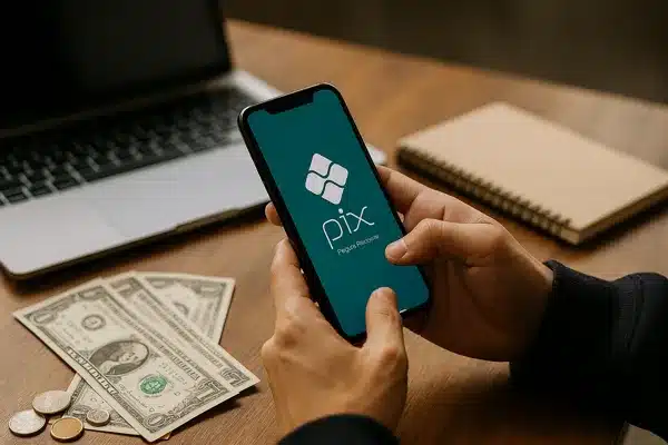 micro tarefas que pagam no pix em 2025 Pessoa usando celular para realizar microtarefas que pagam via Pix em 2025