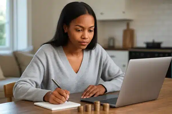 Renda Extra em 2025Mulher anotando dados no caderno enquanto trabalha com notebook e moedas sobre a mesa.