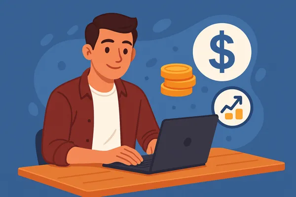 Renda Extra em 2025Homem anotando enquanto usa notebook com moedas à frente, simbolizando renda extra em 2025.