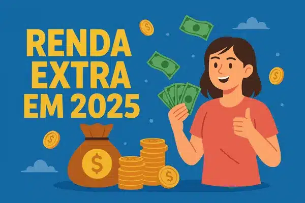renda extra em 2025 Renda extra em 2025 com mulher segurando dinheiro e moedas sobre fundo azul.