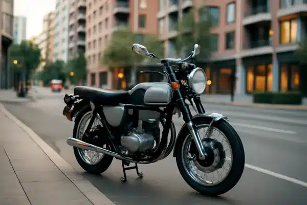 Seguro de Moto PotenteMoto prata e preta com detalhes cromados, estacionada em uma rua urbana ao entardecer.