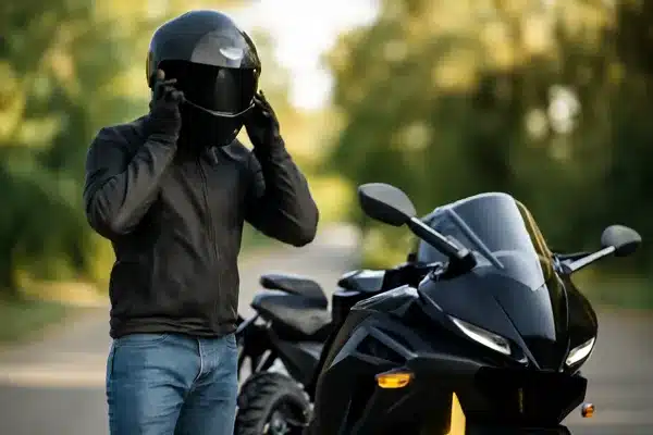 Seguro de Moto PotenteMotociclista ajustando o capacete ao lado de sua moto preta em uma estrada ao ar livre.