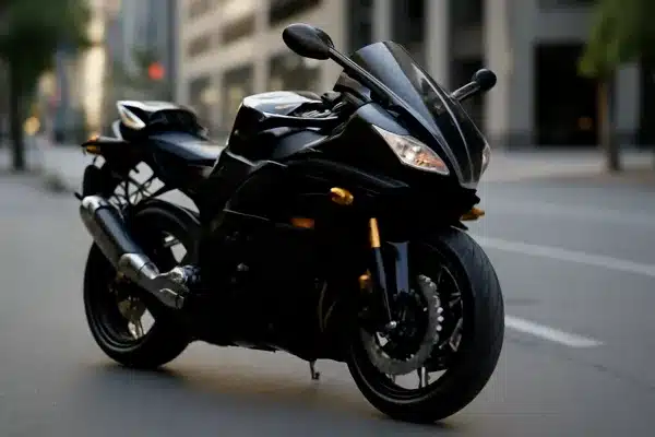 Seguro de Moto PotenteFotografia de uma moto esportiva preta com detalhes em laranja, capturada na rua em um cenário urbano ao entardecer.