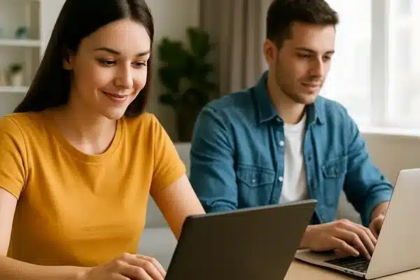 Trabalhos online em 2025 Casal trabalhando em casa com notebooks em ambiente iluminado e aconchegante
