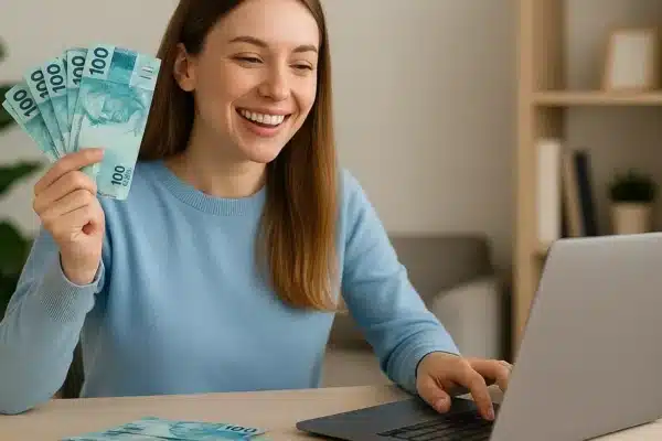 como-ganhar-dinheiro Mulher sorrindo usando notebook com notas de reais ao redor, simbolizando formas de ganhar dinheiro