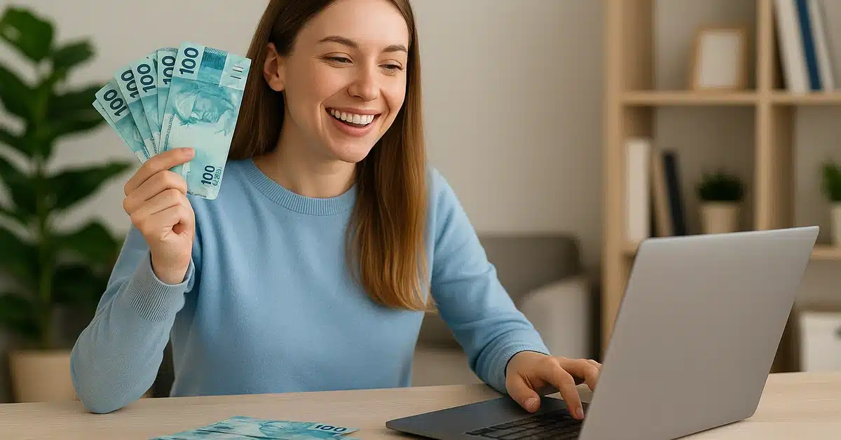 como-ganhar-dinheiro Mulher sorrindo usando notebook com notas de reais ao redor, simbolizando formas de ganhar dinheiro