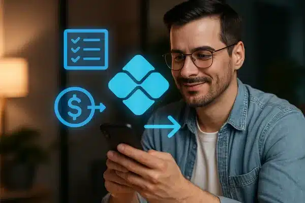 pix-automatico-em-2025 Homem usando aplicativo de Pix no celular com ícones digitais, representando o uso do pix automático em 2025 para receber micro tarefas