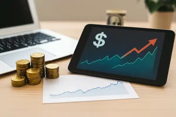Moedas, laptop e gráfico de crescimento representando renda passiva em 2025.