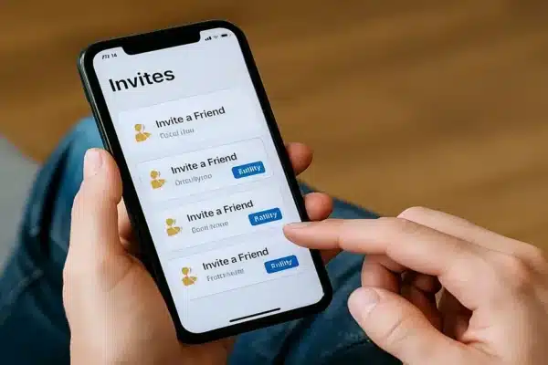 Aplicativos-Que-Pagam-Por-Indicação pessoa usando o celular com tela de convites aberta em aplicativos