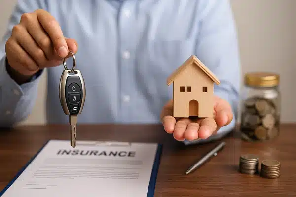 Finanças-Pessoais-em-2025Consórcios e seguros em alta em 2025, representados por chave de carro, casa e contrato de seguro.