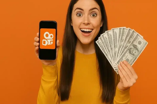 Ganhar Dinheiro no Kwai Jovem sorridente segurando um smartphone com destaque para tecnologia e oportunidades financeiras.
