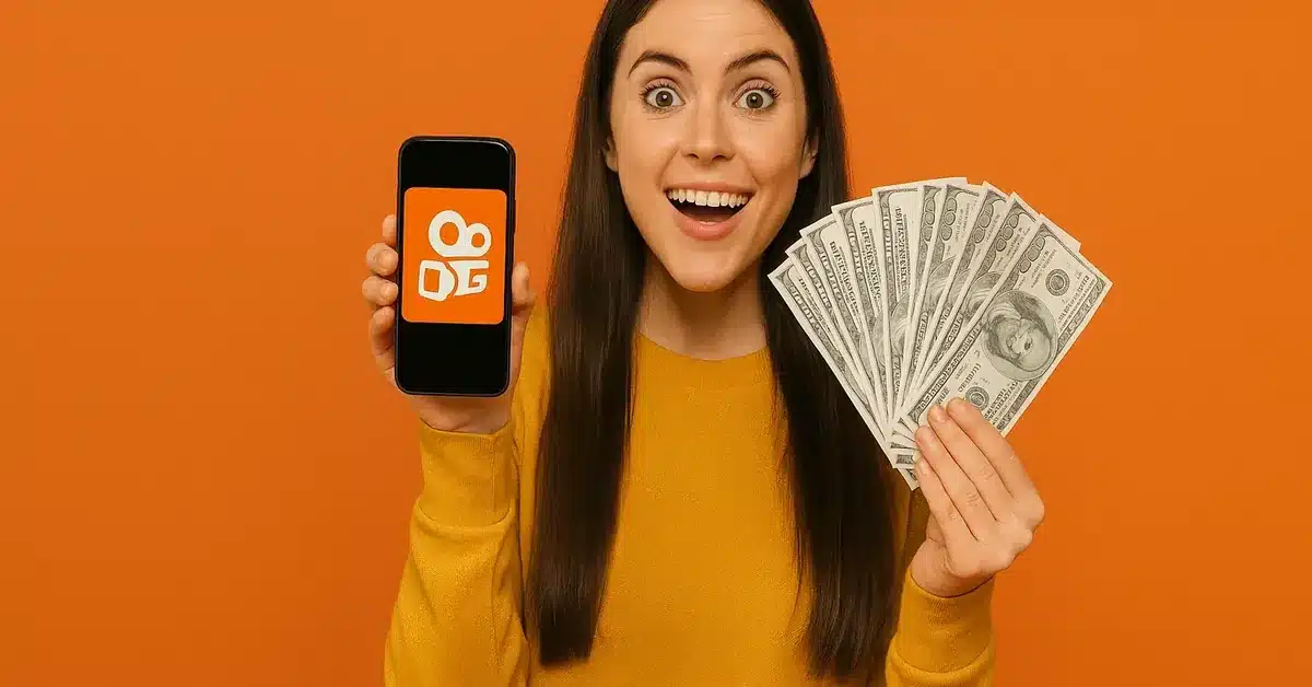 Ganhar Dinheiro no Kwai Jovem sorridente segurando um smartphone com destaque para tecnologia e oportunidades financeiras.