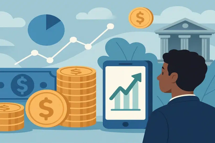 financas_pessoais_em_2025 Gráficos digitais, moedas e símbolos de dinheiro representando finanças pessoais em 2025