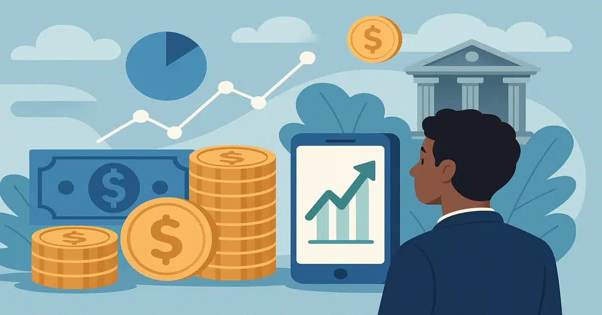 financas_pessoais_em_2025 Gráficos digitais, moedas e símbolos de dinheiro representando finanças pessoais em 2025