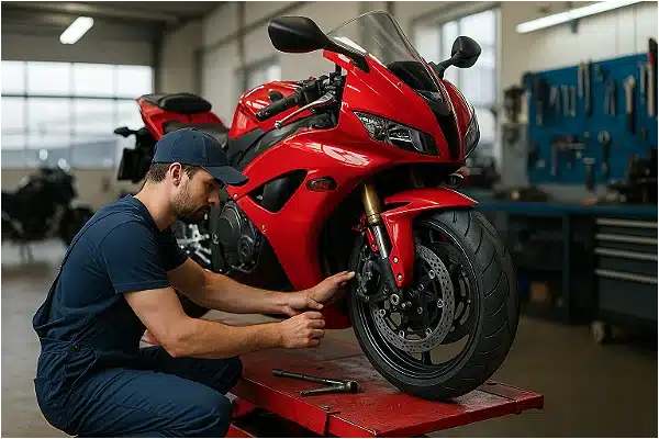 7-beneficios-do-seguro-de-moto-potenteMecânico ajustando moto esportiva em oficina moderna com ferramentas e iluminação realista