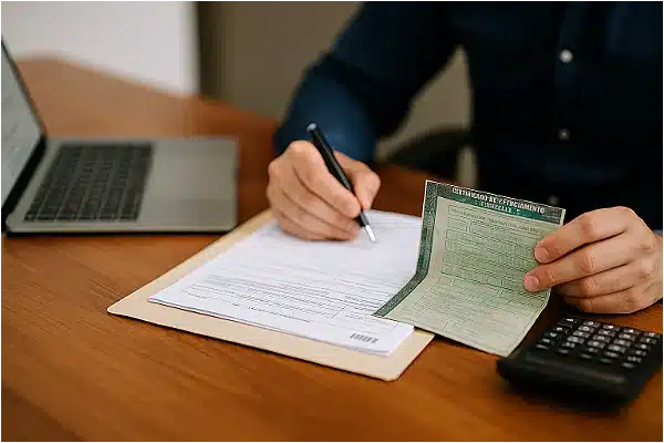 7-benefícios-do-seguro-de-moto-potentePessoa assinando documentos de veículo em mesa de escritório com laptop e calculadora.