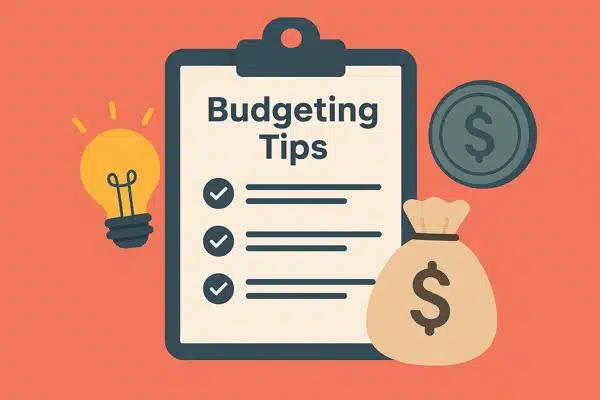 Ganhar-Dinheiro-Com-Livesilustração mostrando sacola de dinheiro, prancheta, lâmpada e símbolo de cifrão representando planejamento financeiro e ideias econômicas