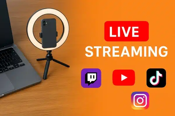 Ganhar-Dinheiro-Com-livessetup de transmissão ao vivo com notebook, celular e ring light em ambiente moderno