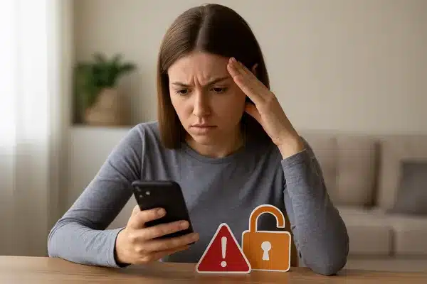 Ganhar-Dinheiro-No-PixMulher sentada à mesa olhando para o celular com expressão de preocupação, ao lado de símbolos de alerta em vermelho e laranja.