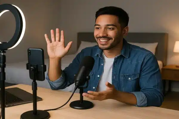 Ganhar Dinheiro com Lives influenciador fazendo transmissão ao vivo com celular e anel de luz em ambiente moderno