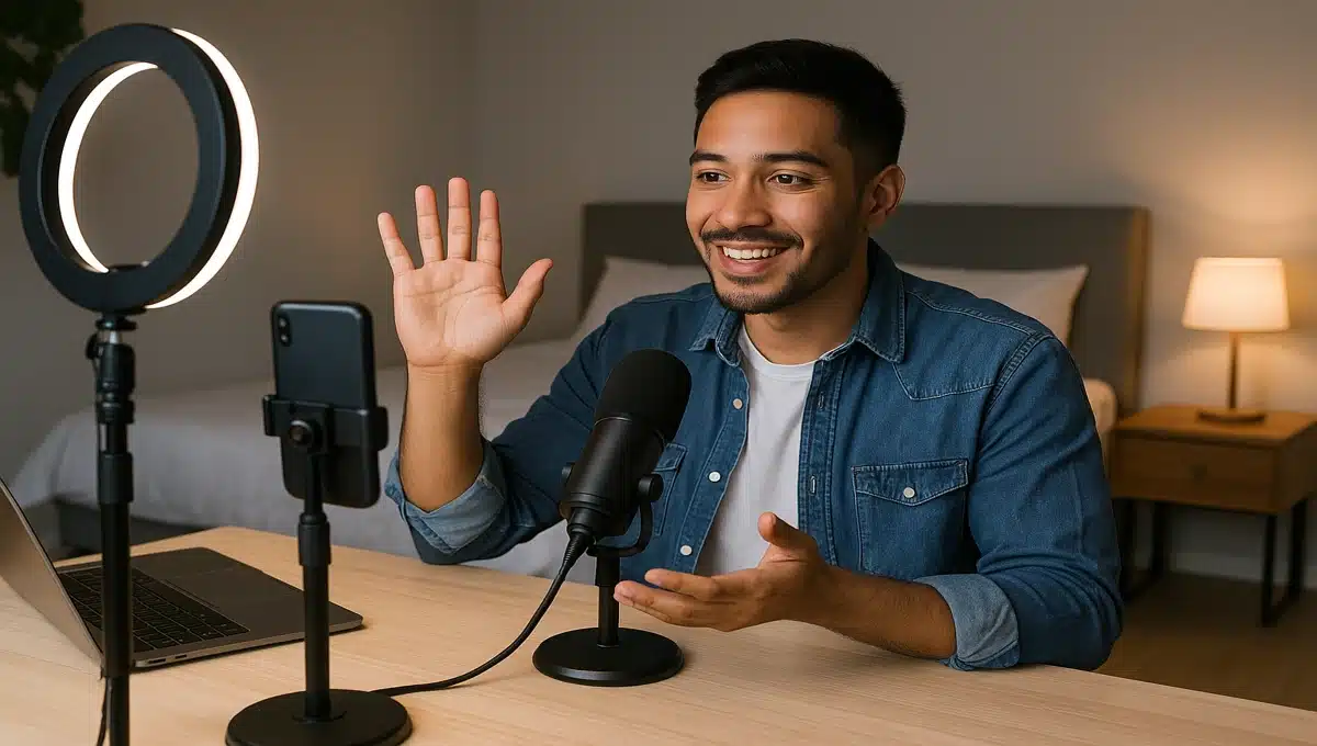 Ganhar Dinheiro com Lives influenciador fazendo transmissão ao vivo com celular e anel de luz em ambiente moderno