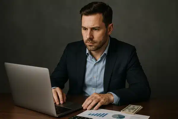 Programa de Recompensas do KwaiHomem analisando gráficos financeiros no laptop