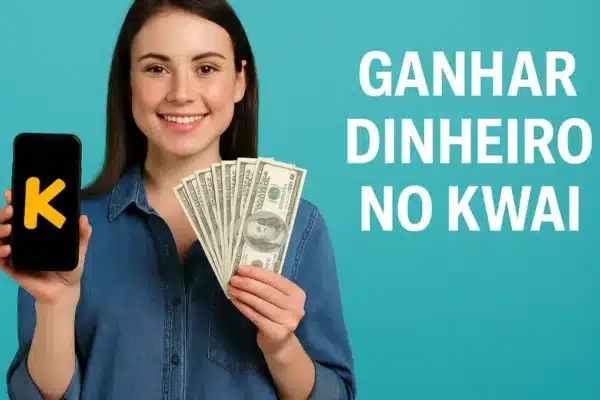 Programa-De-Recompensas-Do-kwai Mulher sorrindo segurando celular com o logo do Kwai e notas de dinheiro