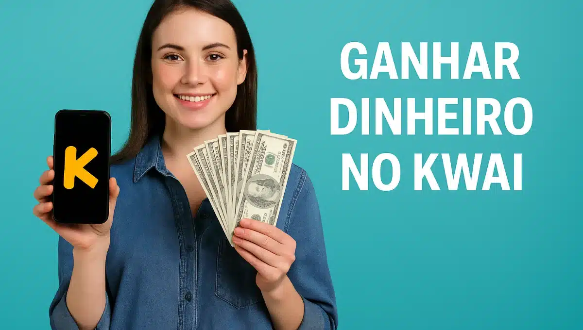 Programa-De-Recompensas-Do-kwai Mulher sorrindo segurando celular com o logo do Kwai e notas de dinheiro