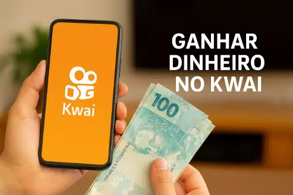 Programa-De-Recompensas-Do-kwaiMão segurando celular com o aplicativo Kwai aberto e notas de 100 reais